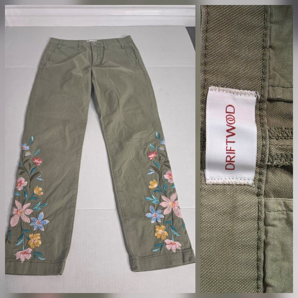 Driftwood Floral Embroidered Utility Pants SZ M Green Cropped Stretch Chinos